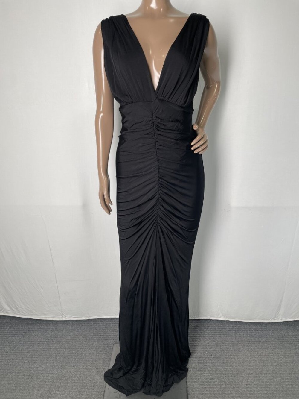 BHLDN Womens Maxi Dress Black Size L Selena Plunge Neck Stretch Jersey Ruched
